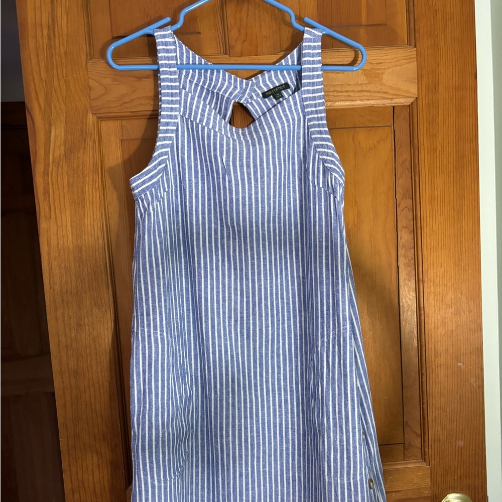 For Cynthia Blue White Striped Linen Dress Side Buttons Size M 8-10